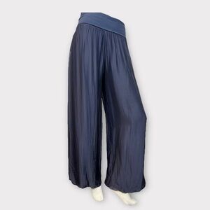 Navy Silk-Blend Fold-over Waist Wide Leg Pant